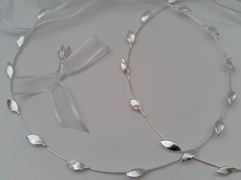 Silver plated STEFANA with matching groom's boutonniere, wedding wreaths, headpieces, headbands, set of two with one matching boutonniere