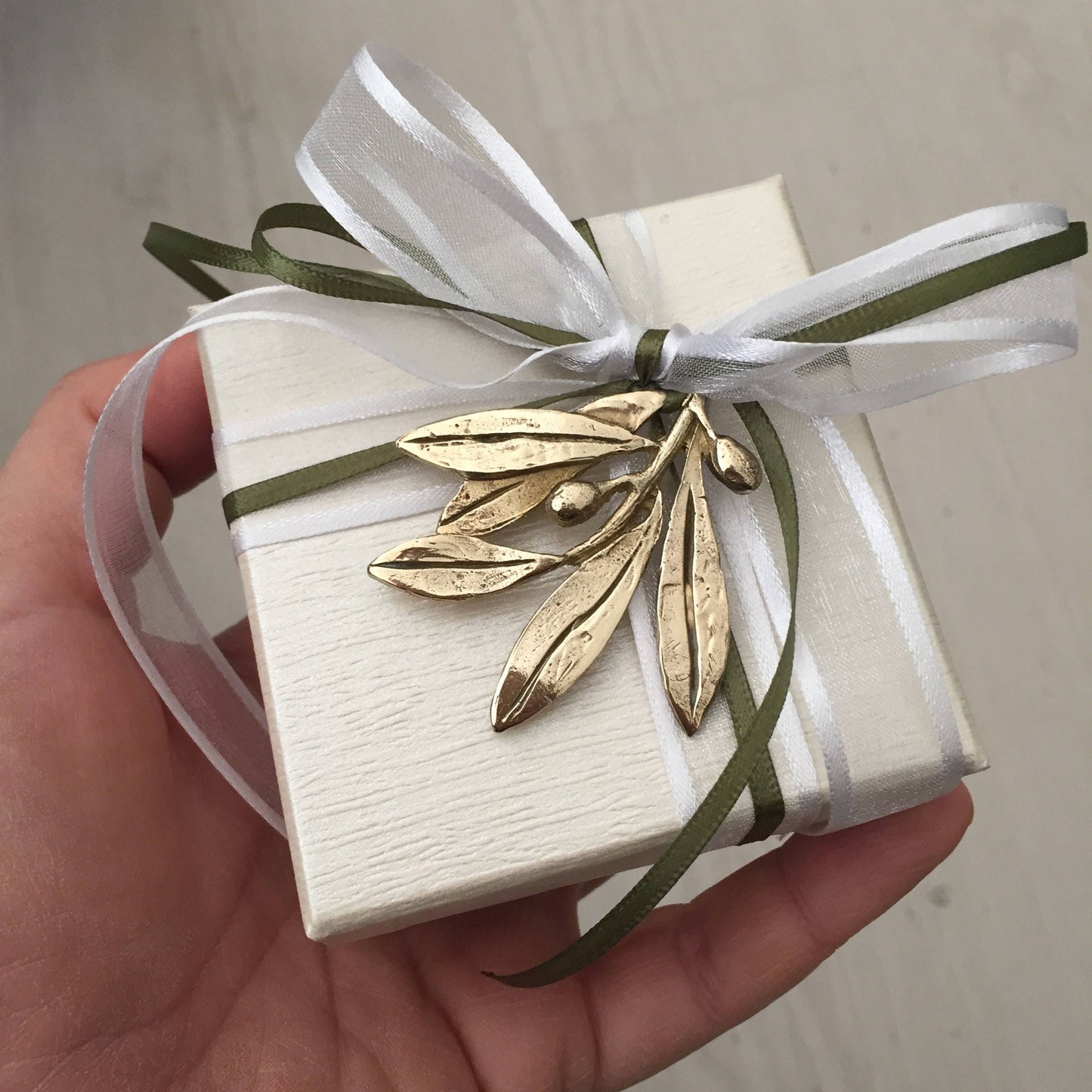 Wedding bomboniere, wedding favor,handmade bronze olive branch tied with satin ribbons on a box with sugared almonds, sold by the dozen