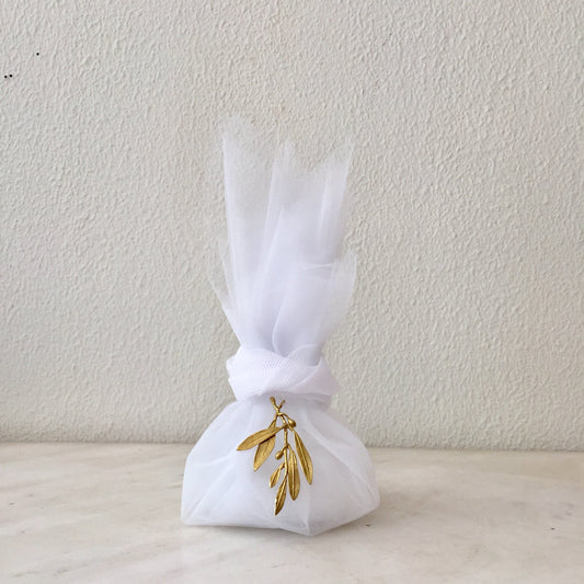 Wedding bomboniere,20 wedding favors, bronze olive twig,tulles,sugared almonds inside,20 pieces minimum order