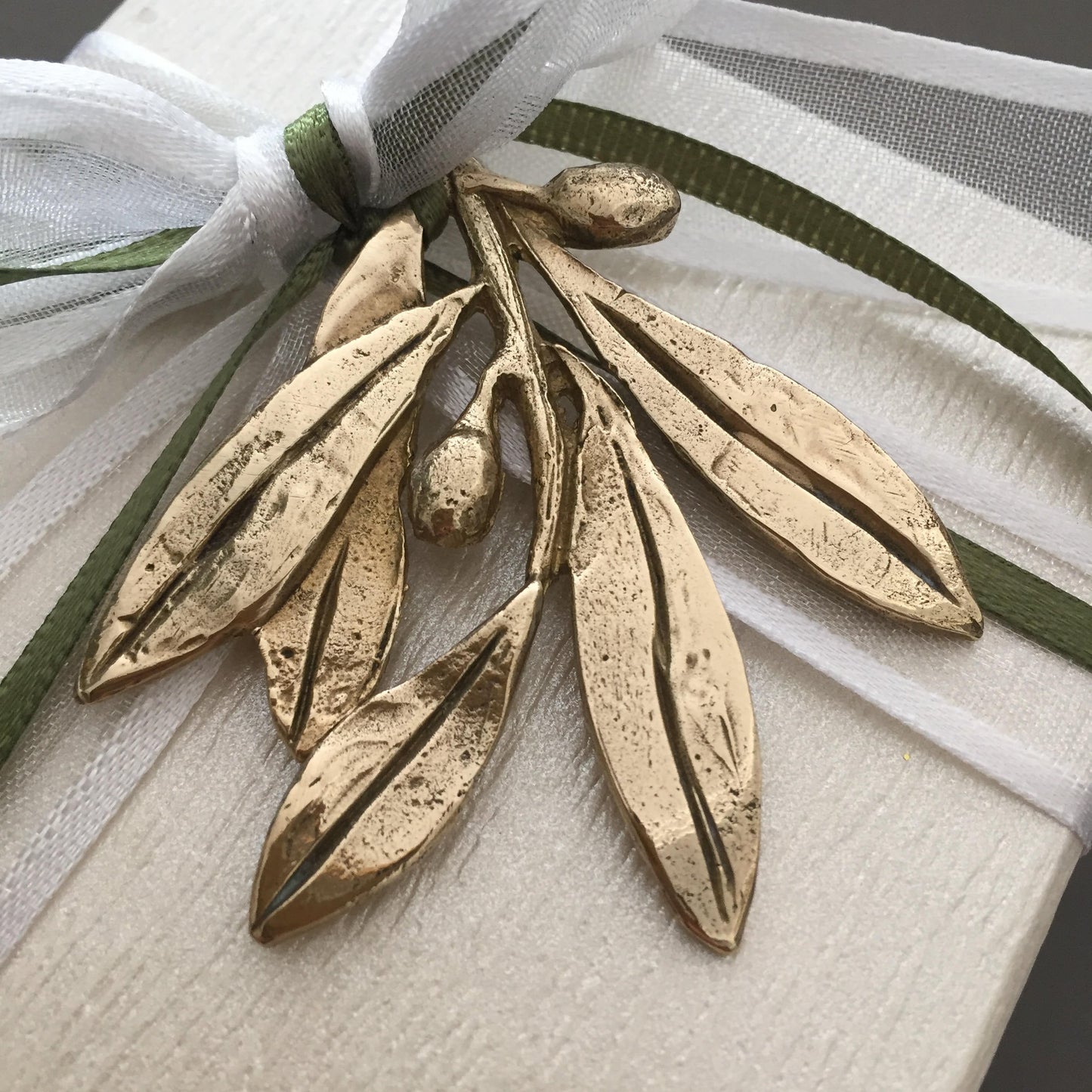 Wedding bomboniere, wedding favor,handmade bronze olive branch tied with satin ribbons on a box with sugared almonds, sold by the dozen