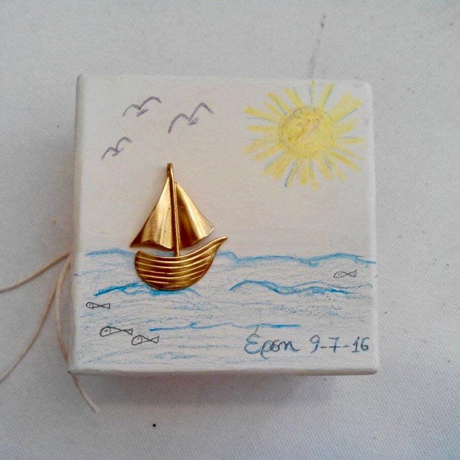 15 Baptism favor, orthodox baptism, greek baptism, raw bronze boat on a hand-drawn white box, sugared almonds inside,no two favors are alike