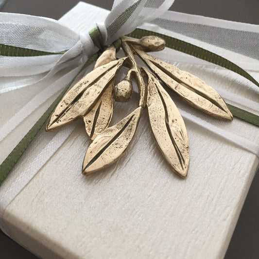 Wedding bomboniere, wedding favor,handmade bronze olive branch tied with satin ribbons on a box with sugared almonds, sold by the dozen