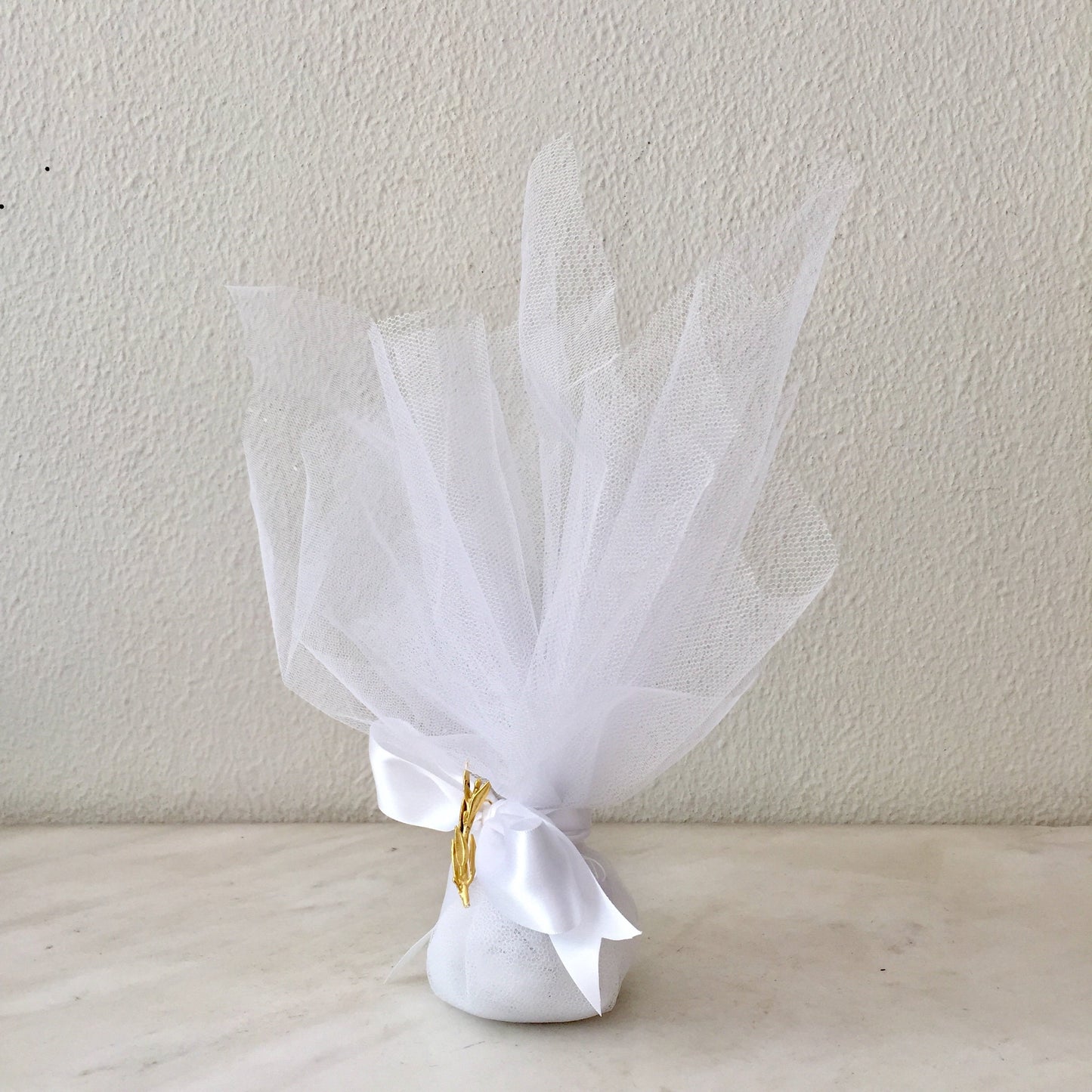 Wedding favor, olive branch, Greek island wedding,raw bronze branch,tulles, satin ribbon,sugared almonds inside, 20 wedding favors