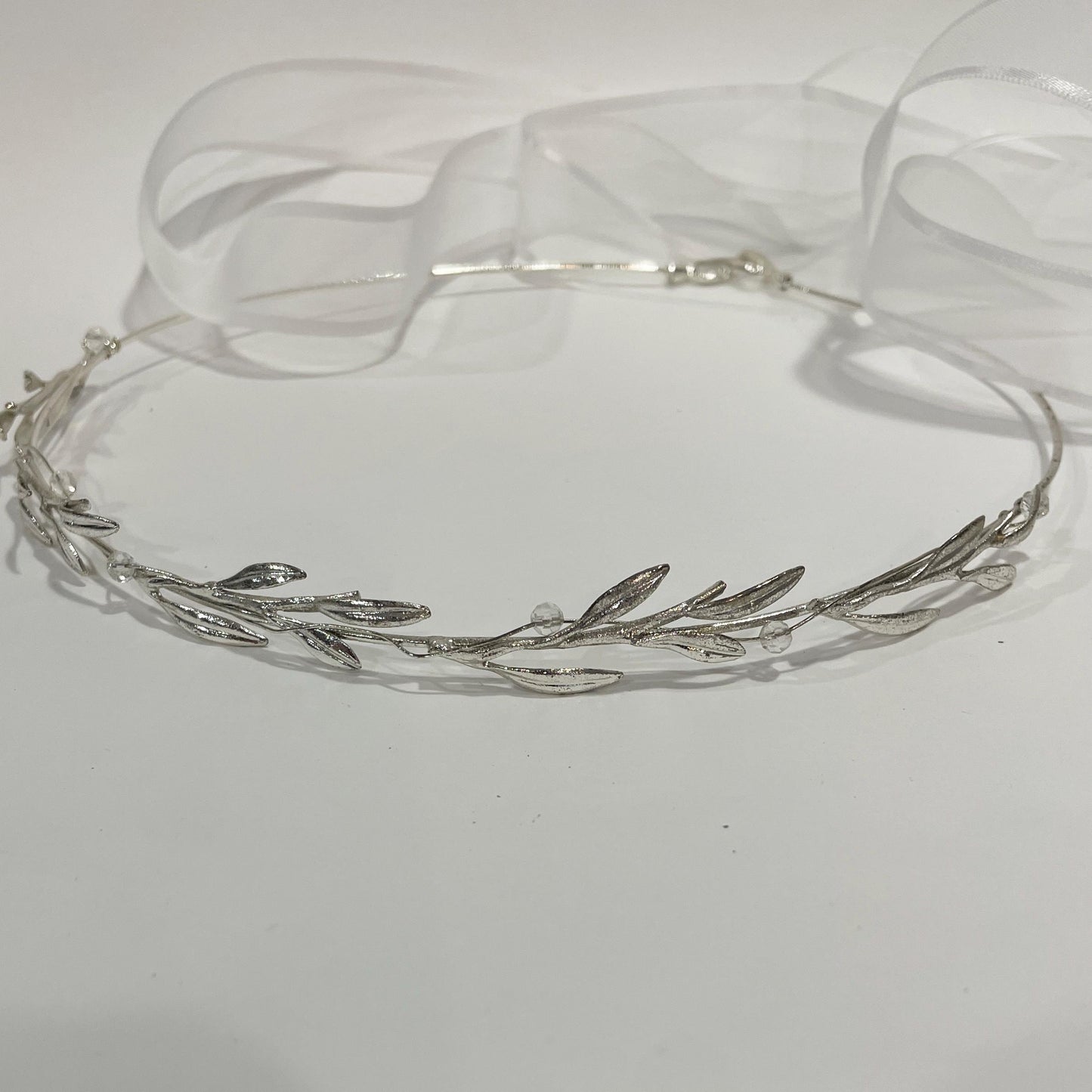 silver leaf wedding crown, One Wedding Crown.Ceremony Crown, Bridal Crown.Wedding Headband.silver plated decorated with transparent beads