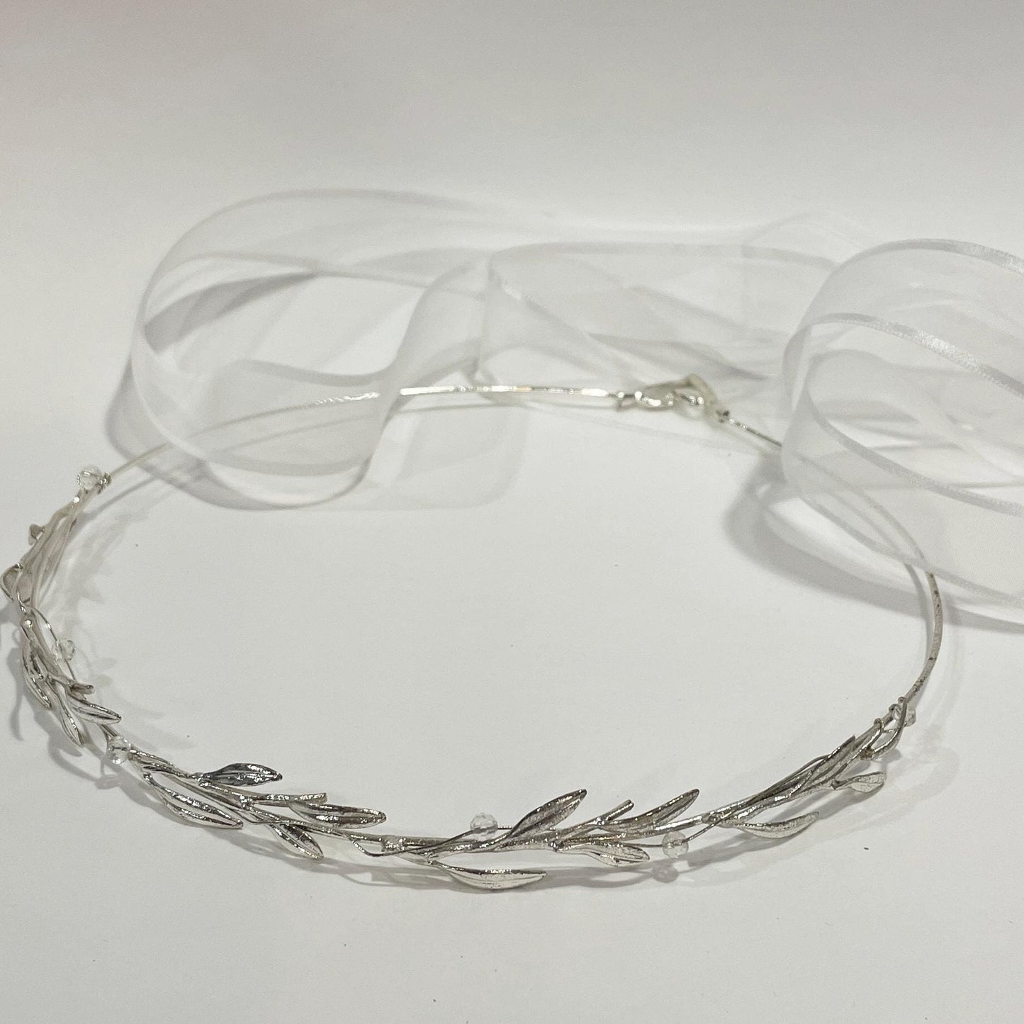 silver leaf wedding crown, One Wedding Crown.Ceremony Crown, Bridal Crown.Wedding Headband.silver plated decorated with transparent beads