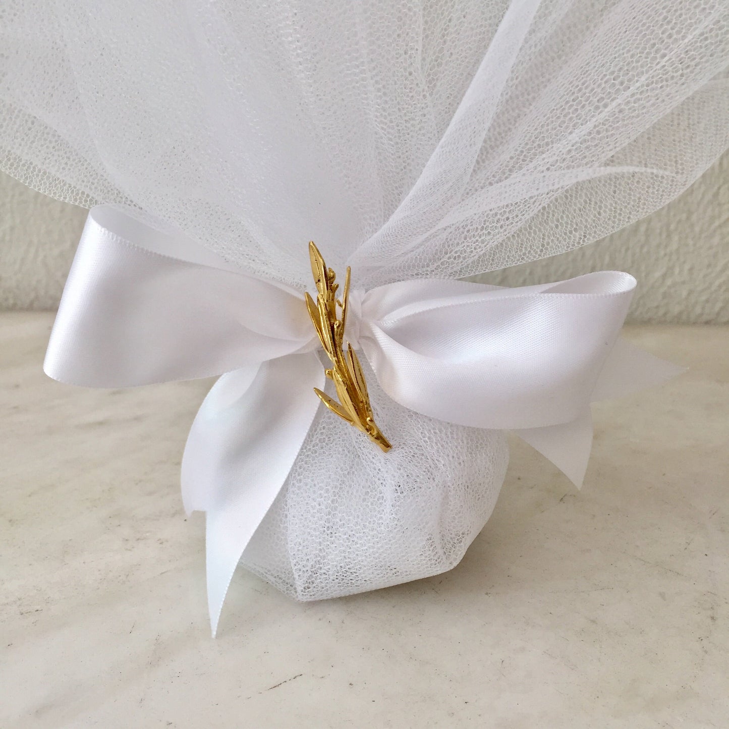 Wedding favor, olive branch, Greek island wedding,raw bronze branch,tulles, satin ribbon,sugared almonds inside, 20 wedding favors
