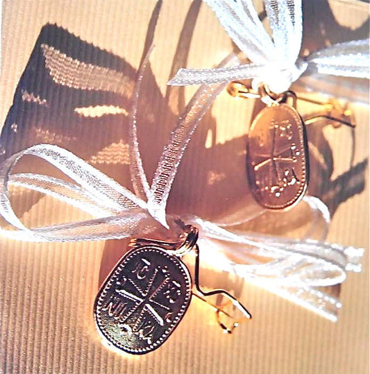 Martyrika Witness Pins,Martirika,in raw bronze,with Byzantine Cross and satin white bow,Greek Orthodox Baptism,Sold By Dozen,for boys &girls