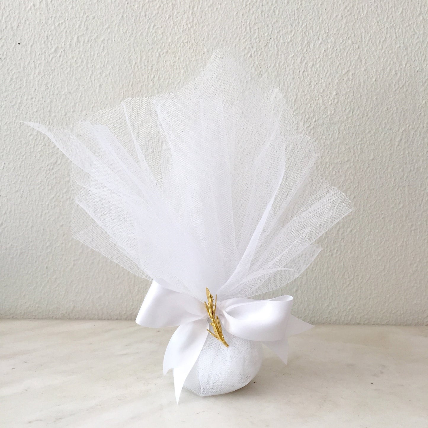 Wedding favor, olive branch, Greek island wedding,raw bronze branch,tulles, satin ribbon,sugared almonds inside, 20 wedding favors