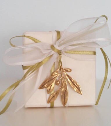 Wedding bomboniere, wedding favor,handmade bronze olive branch tied with satin ribbons on a box with sugared almonds, sold by the dozen