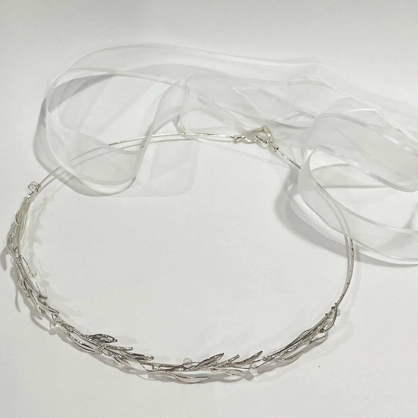 silver leaf wedding crown, One Wedding Crown.Ceremony Crown, Bridal Crown.Wedding Headband.silver plated decorated with transparent beads
