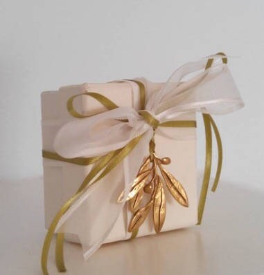 Wedding bomboniere, wedding favor,handmade bronze olive branch tied with satin ribbons on a box with sugared almonds, sold by the dozen