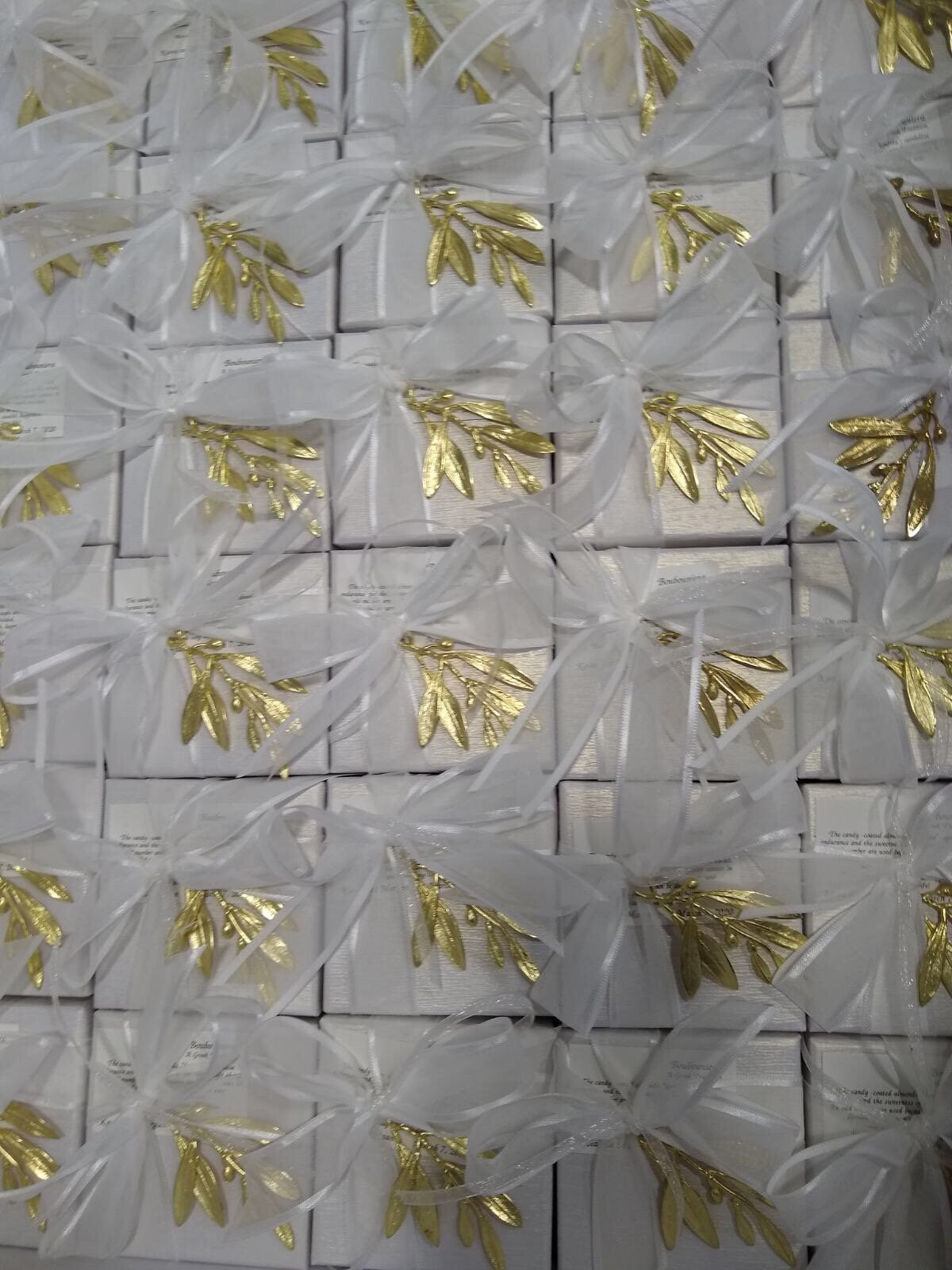 100 wedding favors,handmade bronze olive branch tied with satin ribbon on a box sugared almonds inside